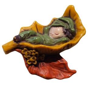 Vintage Hallmark Elf Sleeping in Leaf Brooch Pin 1.63" Fall Color 1970s Gift Box